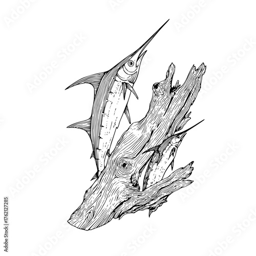 A detailed black and white drawing of marlin fish intertwined with a textured piece of driftwood artfully displayed
