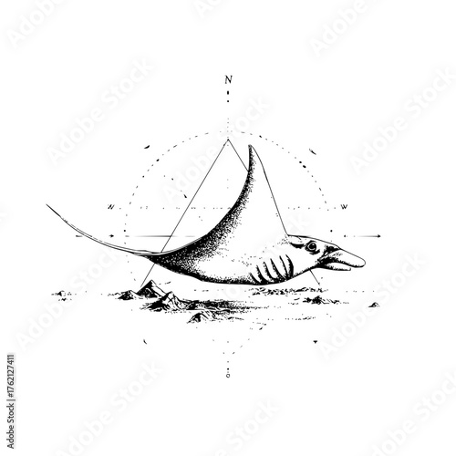 A detailed sketch of a manta ray swimming above a rocky landscape with a geometric compass design behind it