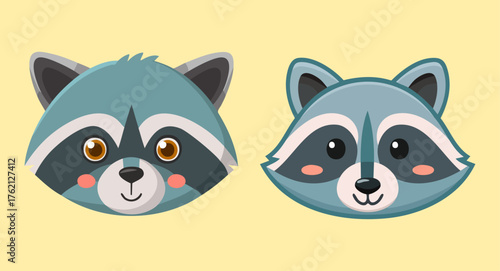 Set of cute raccoon face avatars in a simple cartoon style, featuring friendly woodland animals with expressive eyes and charming details.
