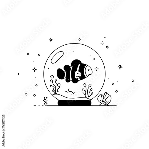 A cartoon clownfish swims inside a fishbowl with plants and stars around it in a black and white drawing