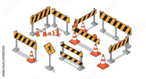 Isometric road construction barriers and safety cones collection