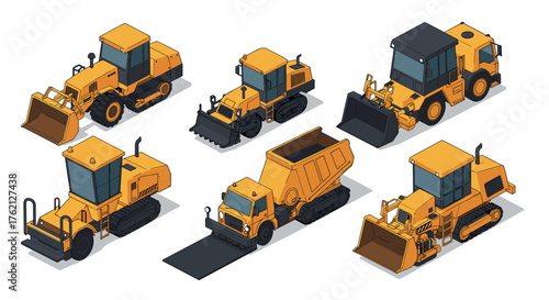 Isometric construction vehicles set featuring bulldozers and dump trucks in yellow
