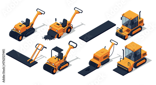 Isometric construction vehicles set road rollers and pavers with asphalt elements