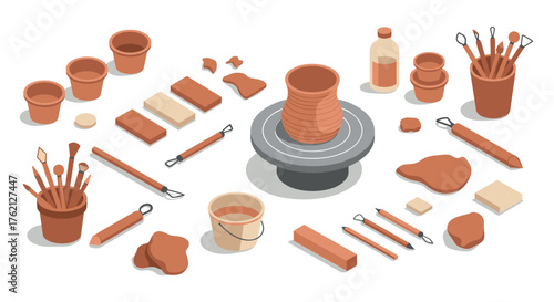 Isometric pottery tools and materials set on white background