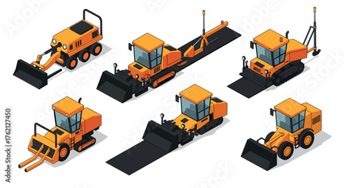 Construction vehicles set showcasing isometric heavy machinery graphics