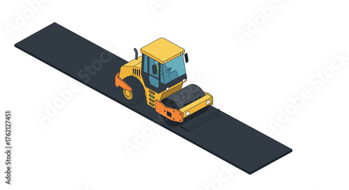 Isometric road roller on asphalt pathway for construction and paving projects