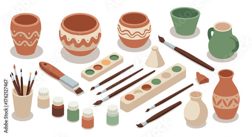 Pottery and painting tools set featuring clay pots, brushes, paints, and bowls in earth tones