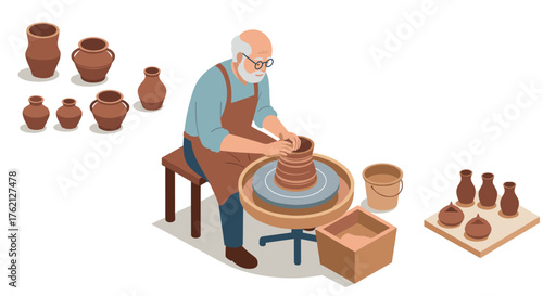 Senior artisan crafting clay pottery in isometric style workshop setting