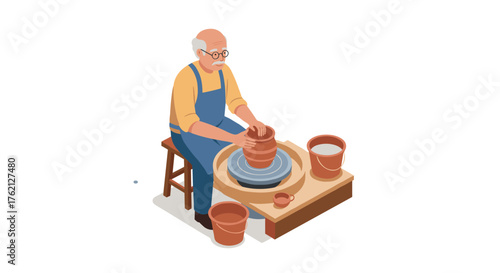 Pottery crafting elderly potter creating clay vase on wheel in isometric style