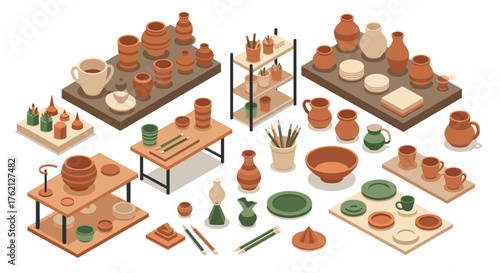 Isometric pottery studio with clay vases, bowls, and tools in earth tones