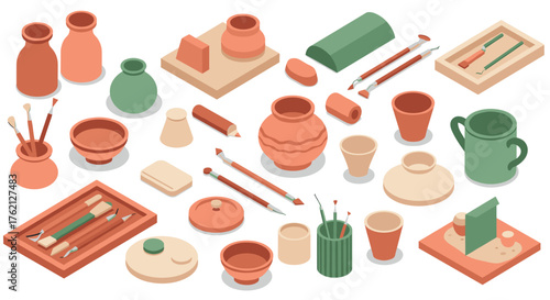 Isometric pottery and art supplies in earth tones for creative projects