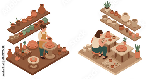 Isometric pottery workshop crafting ceramics with handcrafted clay creations in earth tones