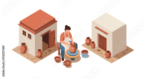 Isometric pottery workshop with artisan creating clay vases in a village setting