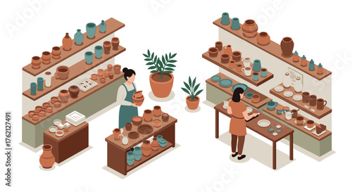 Isometric ceramic workshop with potters creating and displaying pottery and plants