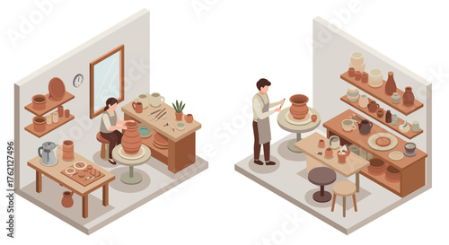 Isometric workshop with artisan crafting pottery in cozy interior setting