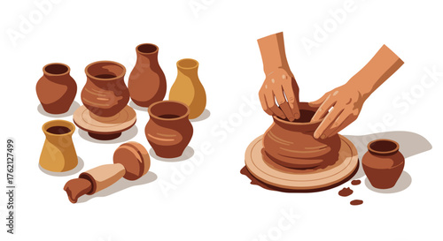Creative pottery crafting with clay vases and hands shaping on wheel