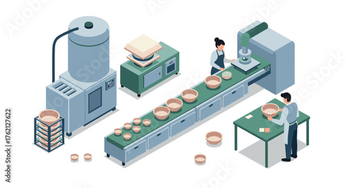 Isometric ceramic factory with automated pottery production line and workers