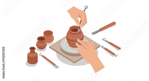 Pottery crafting with hands and tools in minimalist isometric design on white background