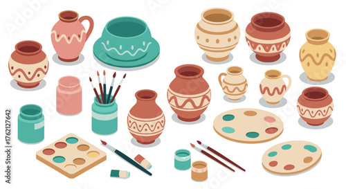 Artistic pottery and paint supplies in isometric style for creative inspiration