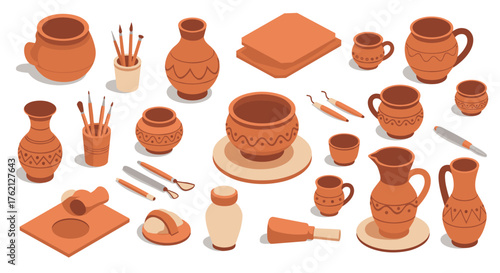 Isometric ceramic pottery tools and crafts with handcrafted clay vases and cups