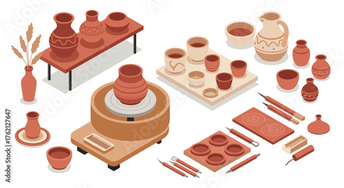 Isometric ceramic pottery workshop with tools and clay vases on display