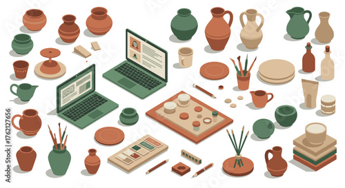 Isometric creative pottery and digital workspace with laptops and artistic tools