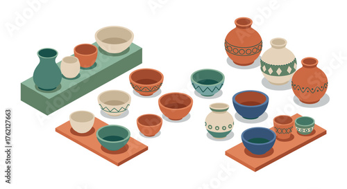 Isometric ceramic pottery collection with colorful patterns and designs