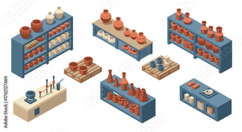 Isometric pottery workshop with shelves of ceramic vases and experimental equipment
