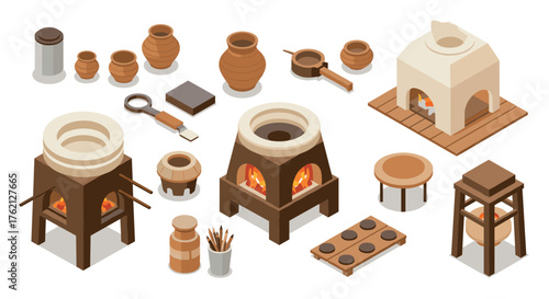 Isometric pottery workshop with kilns and ceramic tools for craft enthusiasts