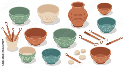 Traditional ceramics collection with handcrafted clay pottery and vintage patterns