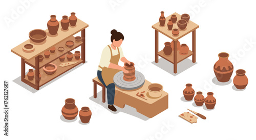 Isometric pottery workshop with artisan crafting clay vessels