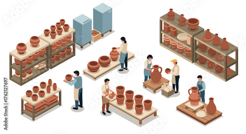 Isometric pottery workshop with artisans crafting clay vessels and pots in studio setting