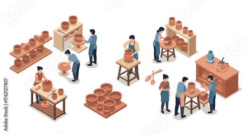 Isometric pottery workshop with skilled craftsmen and clay creations in action