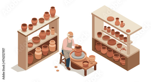 Isometric potter's workshop scene with pottery wheel and shelves of ceramic vases