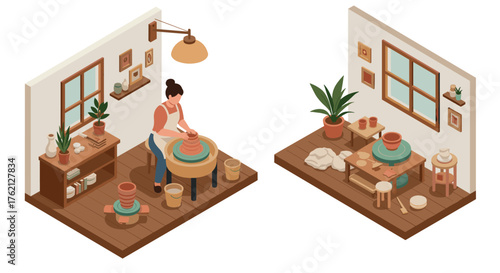 Isometric pottery studio with craftsman and pottery wheel in cozy workshop setting