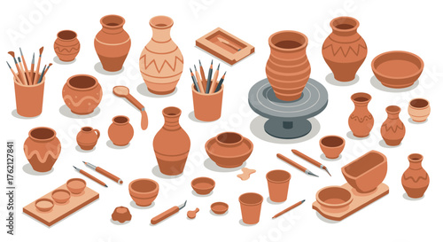 Ceramic pottery crafting tools and vases in flat design style for creative workshop inspiration