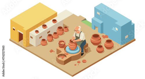 Isometric pottery scene with craftsman creating clay pots in workshop