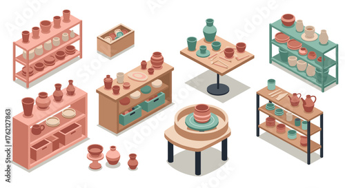 Isometric pottery workshop with shelves, vases, and sculpting wheel