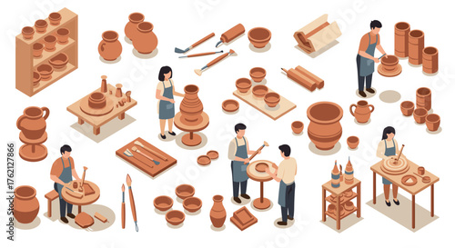 Pottery workshop scene with artisans crafting ceramic pieces in isometric style