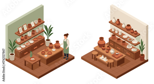 Isometric ceramic workshop with pottery shelves and artisan in apron