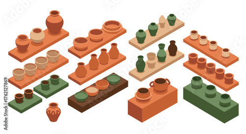 Isometric pottery display with earth toned vases and ceramic on shelves