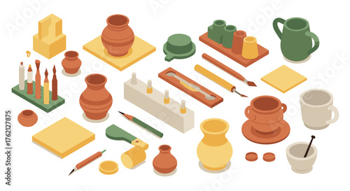 Isometric pottery and craft supplies creative 3d art set with clay and tools
