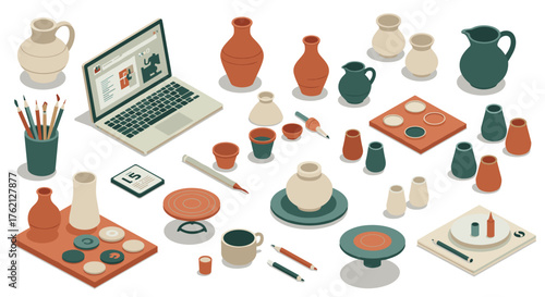 Creative pottery workshop isometric art featuring clay vases, bowls, and tools with a laptop interface