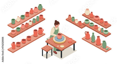 Isometric pottery workshop with shelves of colorful ceramics and potter at work