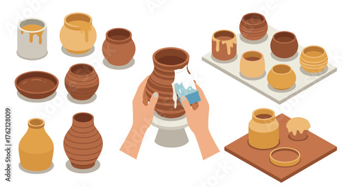 Isometric pottery handcrafting artist molding and painting clay vessels in earthy tones
