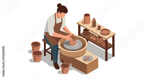 Pottery making in isometric style artisan crafting clay on a wheel