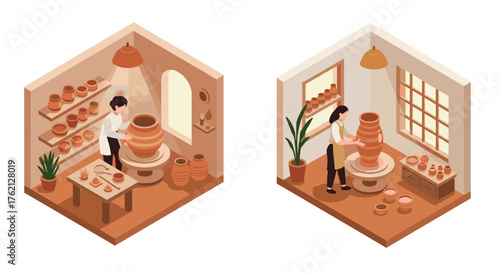 Isometric pottery workshop scene with artisans creating clay vessels in cozy studio