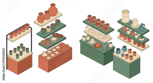 Isometric pottery display with ceramic vases and cups on shelves