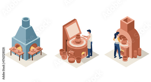Isometric pottery crafting pottery wheel, kiln, and clay art in workshop setting