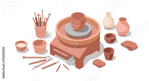 Isometric art studio with pottery wheel and sculpting tools in earth tones
